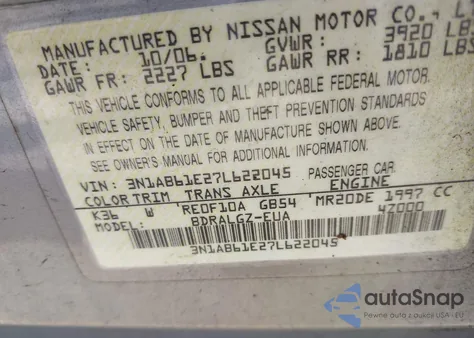 2007 Nissan Sentra 2.0Sl from USA, damaged, VIN 3N1AB61E27L622045